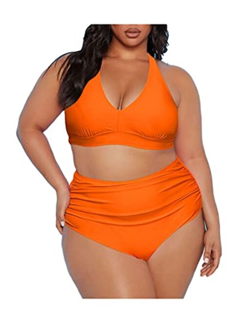 Sovoyontee Women's 2 Piece Plus Size High Waisted Halter Bikini Swimsuit Bathing Suit