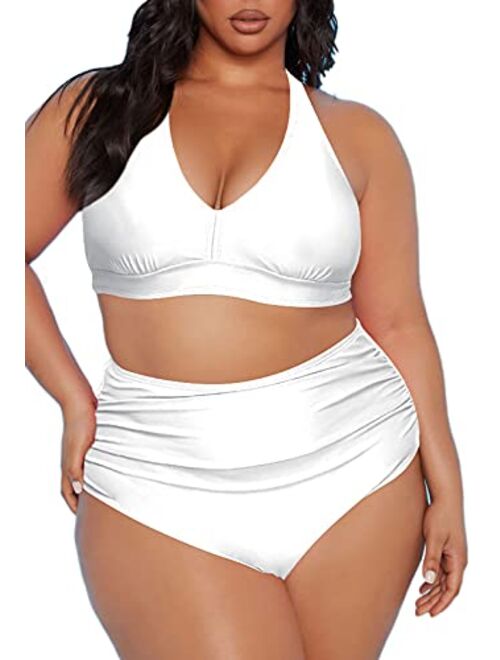 Sovoyontee Women's 2 Piece Plus Size High Waisted Halter Bikini Swimsuit Bathing Suit