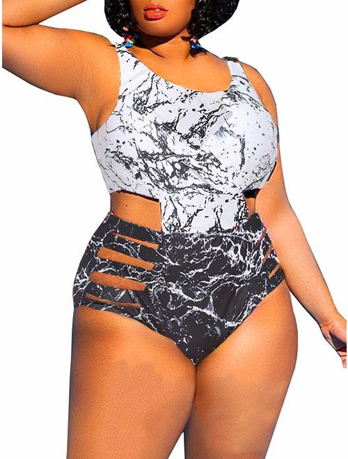 Yskkt Womens Plus Size Swimwear One Piece High Waist Swimsuits Tummy Control Swim Bathing Suits Monokini