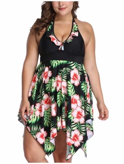 SEBOWEL Women Plus Size with underwire Floral Halter 2 Piece Flare Swimdress Tankini Swimsuit Bathing Suit