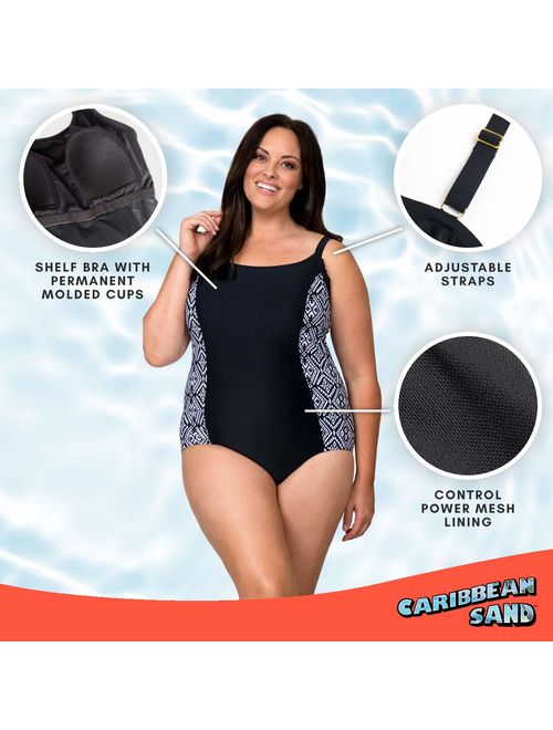 Caribbean Sand Panel Plus Size One Piece Swimsuit for Women with Tummy Control