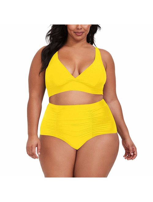 Kisscynest Women's Plus Size High Waist Ruched Swimsuit Swimwear Bathing Suit