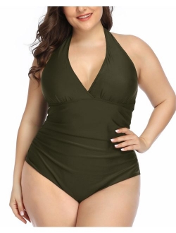 Daci Women Plus Size Swimwear One Piece Swimsuits Halter Ruched Tummy Control