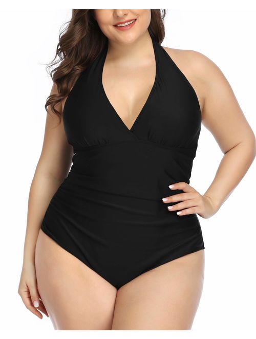 Daci Women Plus Size Swimwear One Piece Swimsuits Halter Ruched Tummy Control