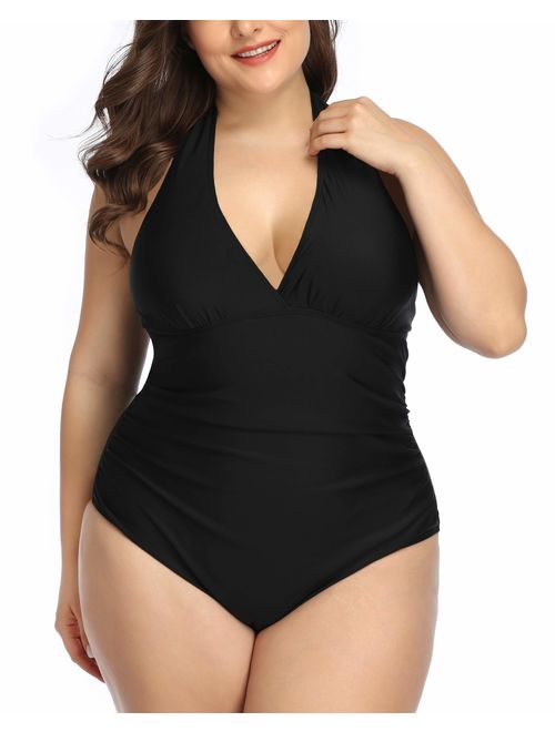 Daci Women Plus Size Swimwear One Piece Swimsuits Halter Ruched Tummy Control