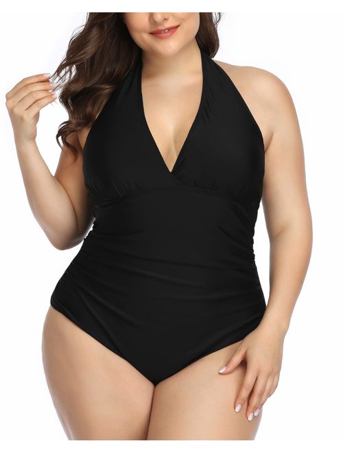 Daci Women Plus Size Swimwear One Piece Swimsuits Halter Ruched Tummy Control