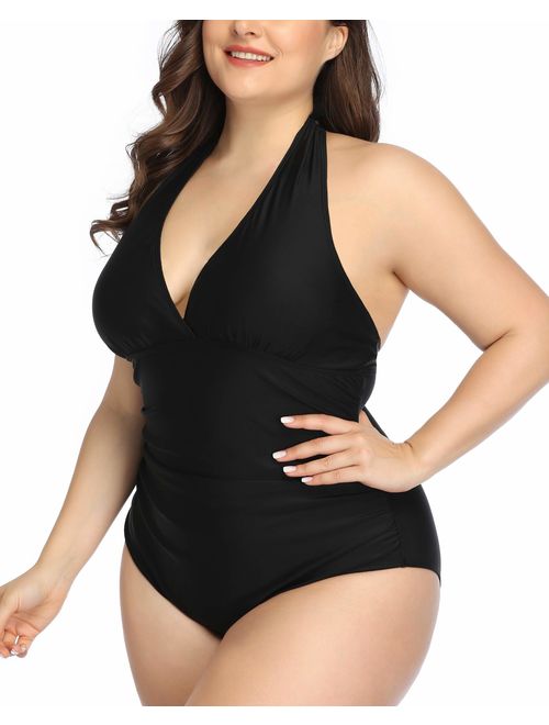 Daci Women Plus Size Swimwear One Piece Swimsuits Halter Ruched Tummy Control