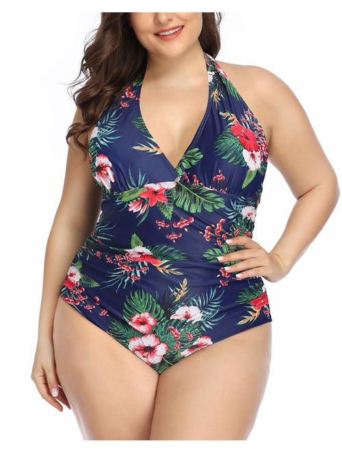 Daci Women Plus Size Swimwear One Piece Swimsuits Halter Ruched Tummy Control