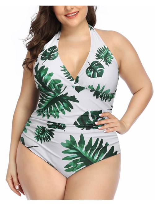 Daci Women Plus Size Swimwear One Piece Swimsuits Halter Ruched Tummy Control