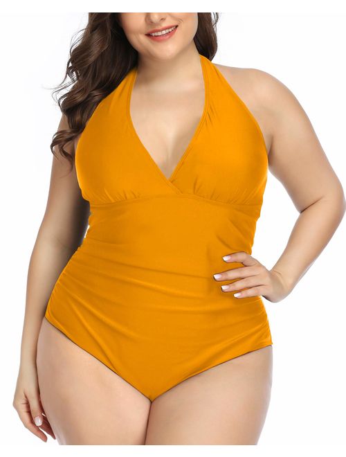 Daci Women Plus Size Swimwear One Piece Swimsuits Halter Ruched Tummy Control