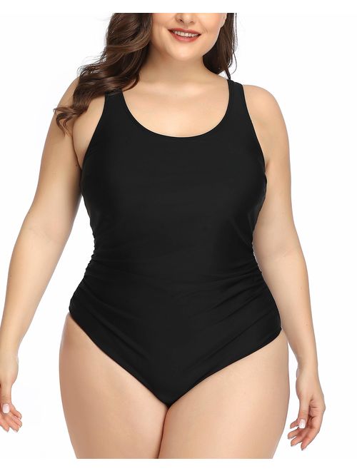 Daci Women Plus Size One Piece Swimsuit Athletic Side Shirred Bathing Suit Ruched Tummy Control Swimwear