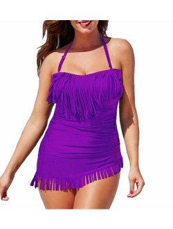 Eternatastic Women's Halter Top Tankini Fringe Swimwear Tassel Swimsuit Plus Size