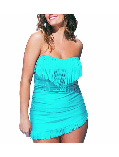 Eternatastic Women's Halter Top Tankini Fringe Swimwear Tassel Swimsuit Plus Size