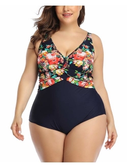 Womens Plus Size Floral One Piece Swimsuits Swimwear Tummy Control Sexy V Neck Bathing Suits Monikini