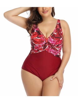 Womens Plus Size Floral One Piece Swimsuits Swimwear Tummy Control Sexy V Neck Bathing Suits Monikini