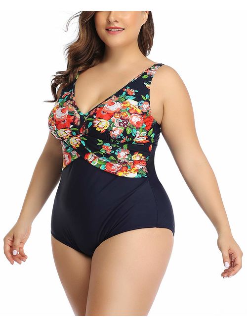 Womens Plus Size Floral One Piece Swimsuits Swimwear Tummy Control Sexy V Neck Bathing Suits Monikini