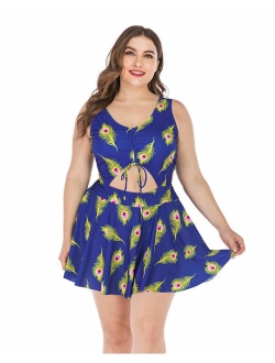 ESPRLIA Plus Size Floral Prinit Halter Swimwear One Piece Pin up Tankini Swimwear