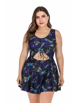 ESPRLIA Plus Size Floral Prinit Halter Swimwear One Piece Pin up Tankini Swimwear