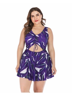 ESPRLIA Plus Size Floral Prinit Halter Swimwear One Piece Pin up Tankini Swimwear