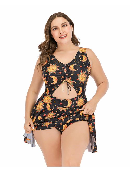 ESPRLIA Plus Size Floral Prinit Halter Swimwear One Piece Pin up Tankini Swimwear