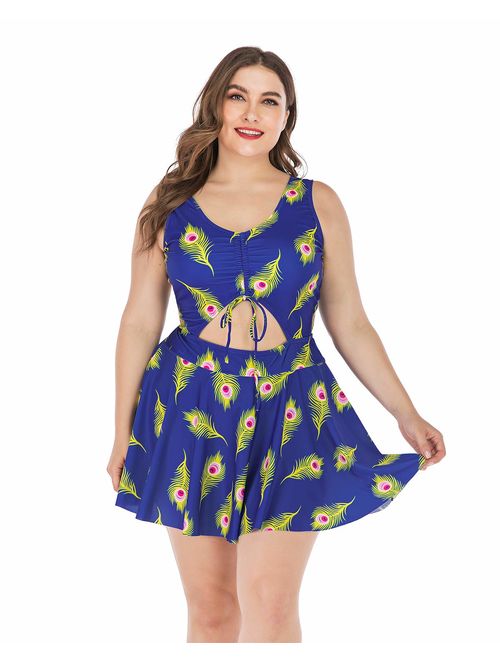 ESPRLIA Plus Size Floral Prinit Halter Swimwear One Piece Pin up Tankini Swimwear