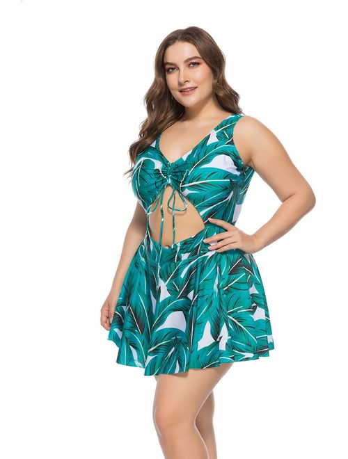 ESPRLIA Plus Size Floral Prinit Halter Swimwear One Piece Pin up Tankini Swimwear