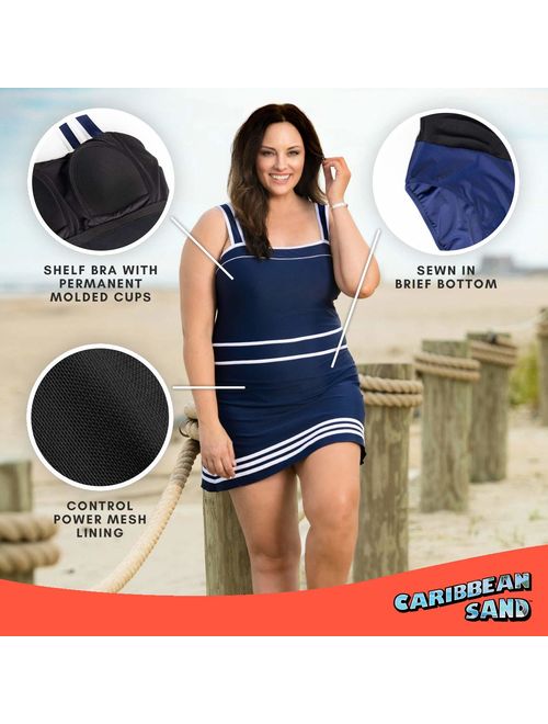 Caribbean Sand Plus Size Swimdress with Tummy Control, Plus Size Swimwear Dress