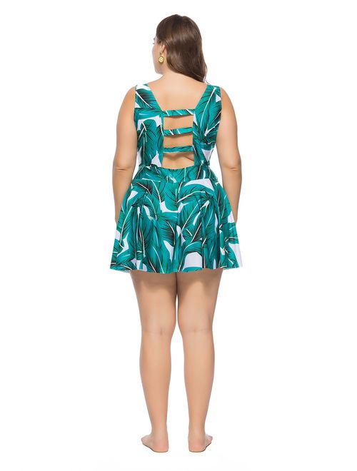 Wellwits Women's Plus Size Strappy Tropical Leaf Cutout Swimdress Swimsuit