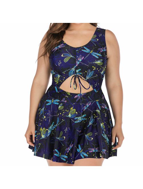 Wellwits Women's Plus Size Strappy Tropical Leaf Cutout Swimdress Swimsuit