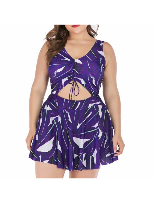 Wellwits Women's Plus Size Strappy Tropical Leaf Cutout Swimdress Swimsuit