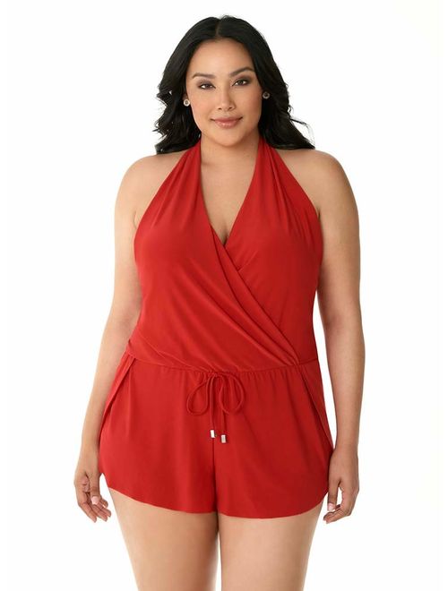 Magicsuit Women's Swimwear Plus Solid Bianca V-Neck Flowy One Piece Romper Style Swimsuit with Soft Cup Bra and Halter Straps