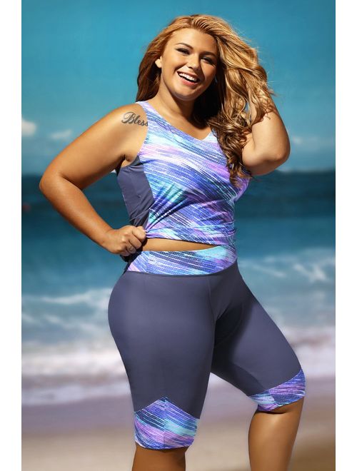 JooMeryer Women's Zigzag Print Plus Size Two Piece Tankini Swimsuits Swimwear,Blue & Grey,XXL