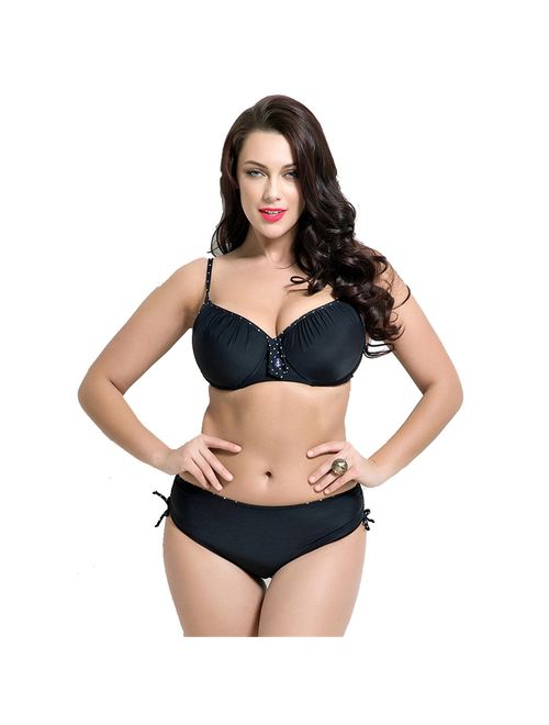 Leories Women's Plus Size Pleated Push up Two-Piece Swimsuit Swimwear Bikini Bathing Suits