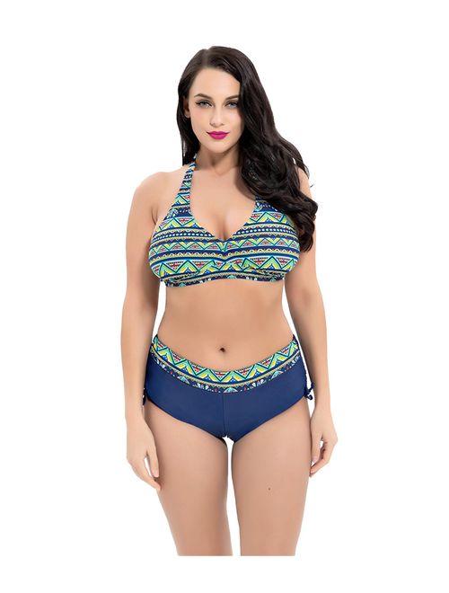 Leories Women's Plus Size Pleated Push up Two-Piece Swimsuit Swimwear Bikini Bathing Suits