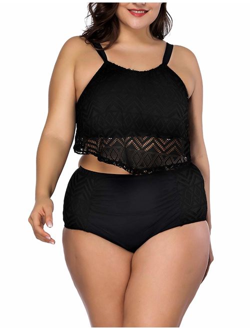 JOYMODE Women's Plus Size Swimsuits 2 Pieces Tankini Set Adjustable Straps Swimwear