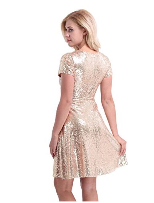 YiZYiF Women Sequined Cocktail Party Short Sleeve Bridesmaid A Line Skater Dress