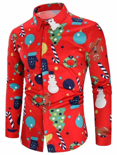 LeaLac Men's Slim Fit Long Sleeve Printed Christmas Shirt Button Down Casua Party Holiday Dress Shirts