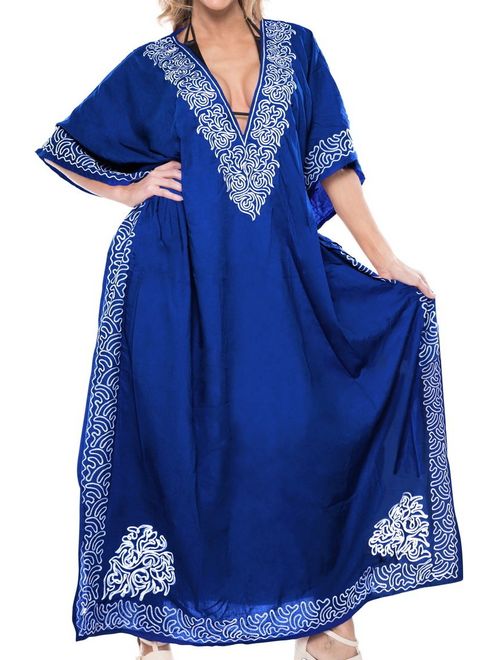 LA LEELA Women's Long Caftan Casual Dress Night Gown Beach Cover Ups Embroidery