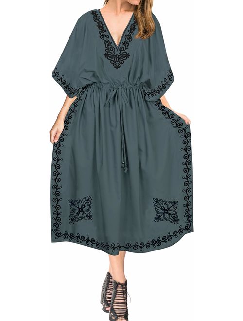 LA LEELA Women's Long Caftan Casual Dress Night Gown Beach Cover Ups Embroidery