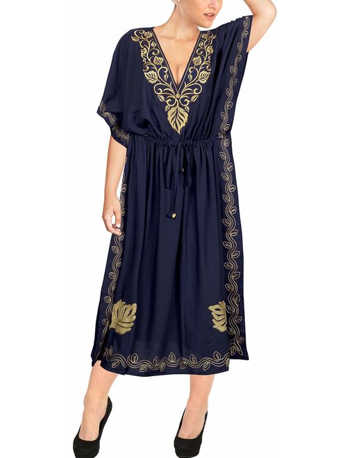 LA LEELA Women's Long Caftan Casual Dress Night Gown Beach Cover Ups Embroidery