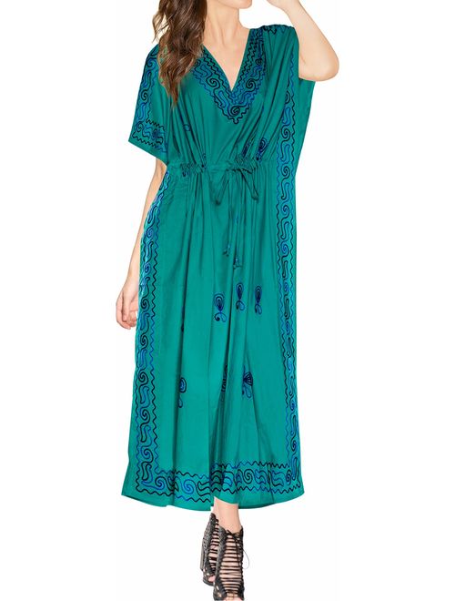 LA LEELA Women's Long Caftan Casual Dress Night Gown Beach Cover Ups Embroidery