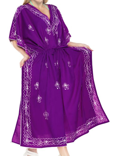 LA LEELA Women's Long Caftan Casual Dress Night Gown Beach Cover Ups Embroidery