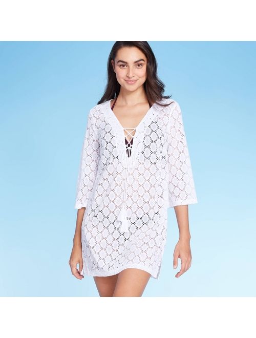 Women's Scalloped Mesh Lace-Up Cover Up Dress - Kona Sol White