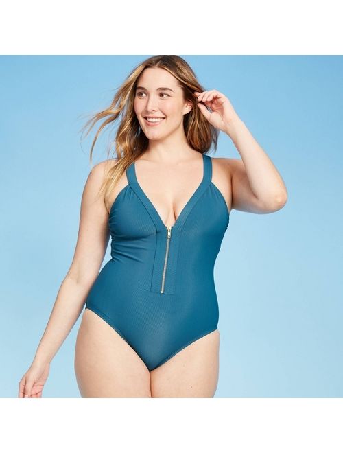 Women's Ribbed Zipper Medium Coverage One Piece Swimsuit - Kona Sol Blue