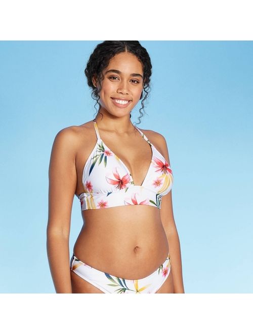 Women's Long Line Triangle Halter Bikini Top - Shade & Shore White Floral