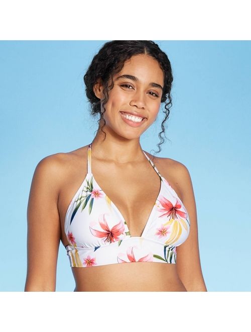 Women's Long Line Triangle Halter Bikini Top - Shade & Shore White Floral