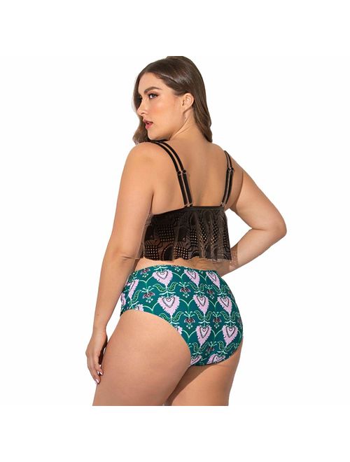 GMHO Plus Size Swimwear High Waisted Swimsuit Two Piece Bikini Sets Bathing Suit Ruffled Cold Shoulder