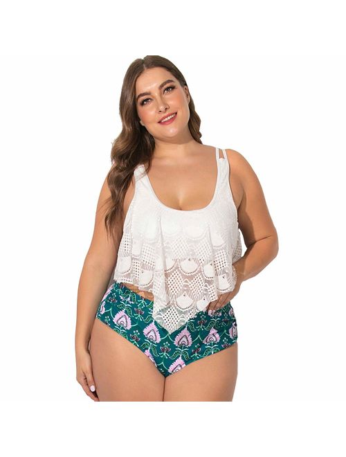 GMHO Plus Size Swimwear High Waisted Swimsuit Two Piece Bikini Sets Bathing Suit Ruffled Cold Shoulder