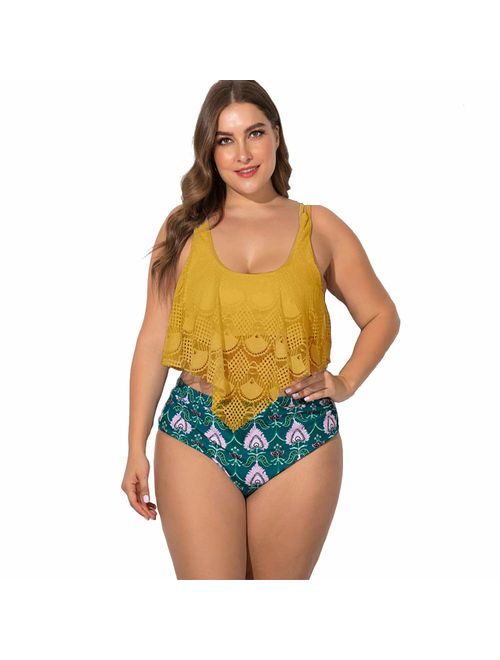 GMHO Plus Size Swimwear High Waisted Swimsuit Two Piece Bikini Sets Bathing Suit Ruffled Cold Shoulder