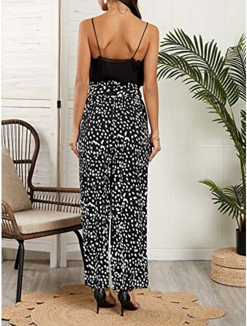 SySea Womens High Waisted Leopard Print Palazzo Pants Belted Wide Leg Long Trousers with Pockets